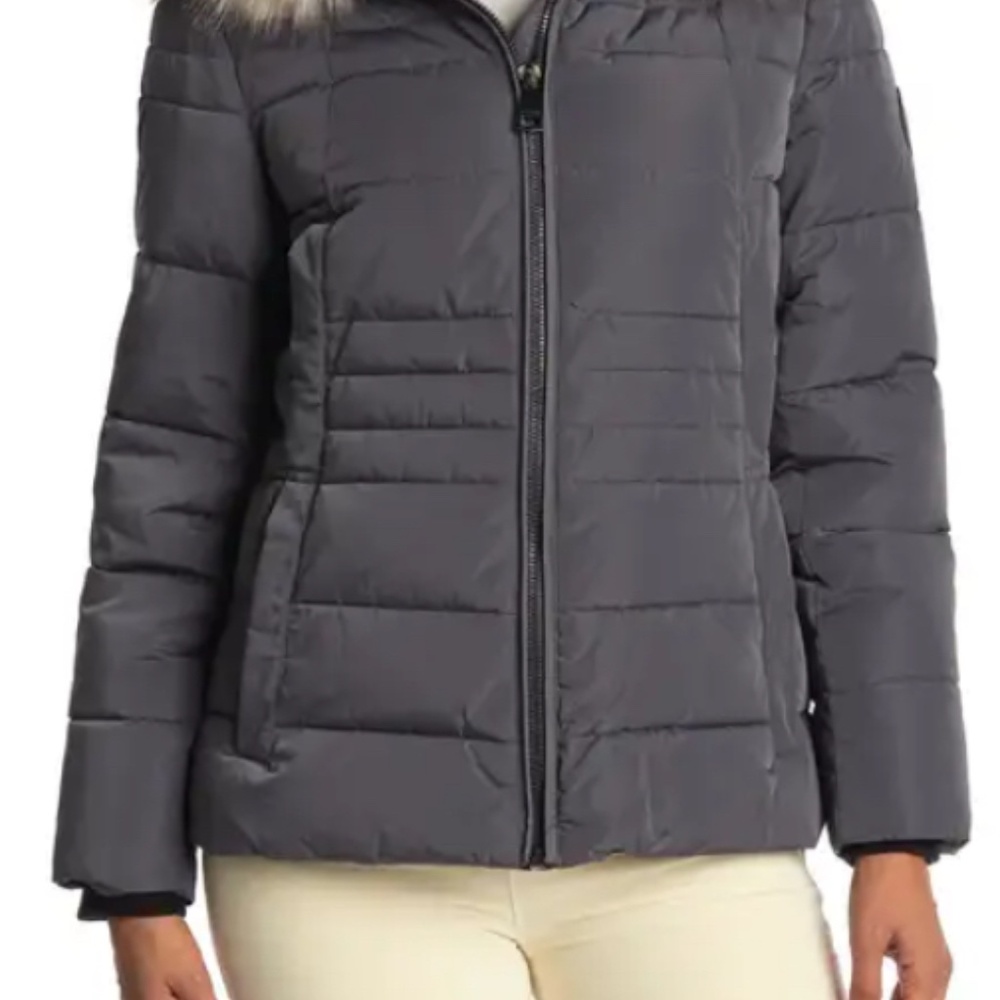 DKNY Faux Fur Hoodie Puffer Coat Charcoal XXL BNWOT - Picture 2 of 2